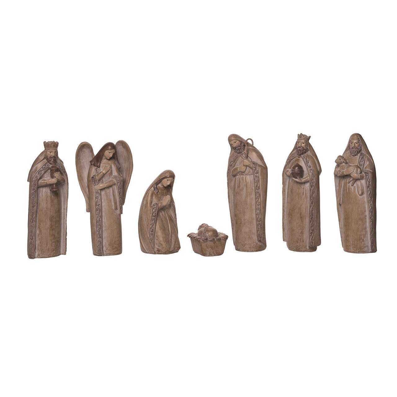 Brown Resin Nativity Set Rustic Ornate 7-Piece Christmas Decor